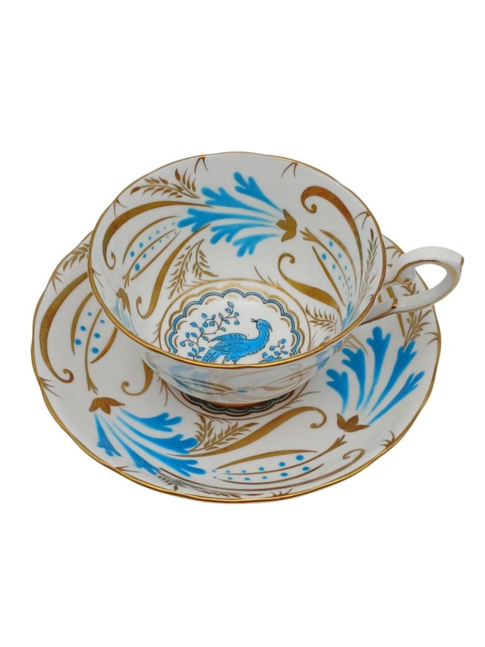 Royal Chelsea Bird of Paradise Teacup Saucer Turquoise Gold Bone China